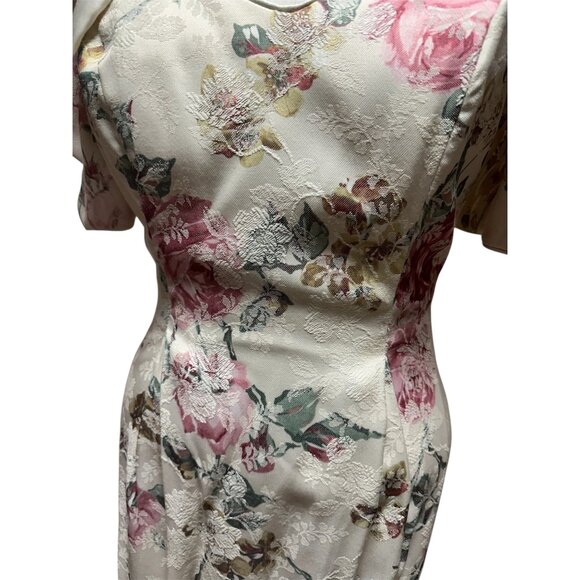 Vintage Late Edition Ltd White Floral Brocade Dress Size 6 Puff Sleeve Shoulder - Picture 5 of 8